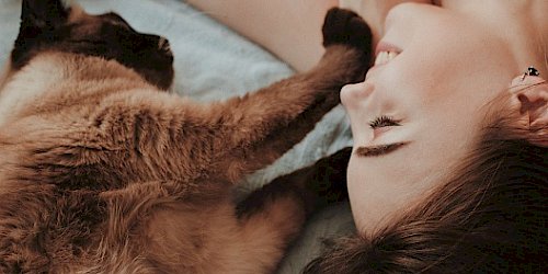 Woman lying with cat on bed